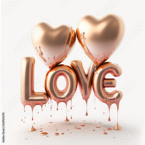 Rose gold pink foil balloons spelling love with hearts and dripping with rose gold liquid on white background. Generative AI.