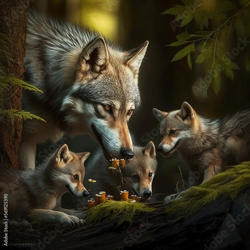 A mother wolf sharing her food with her cubs in a forest, illustration