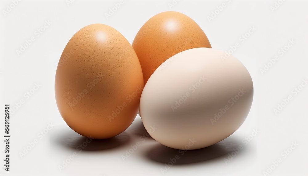 a group of three eggs sitting next to each other on a white surface with a shadow on the ground behind them and a white background. generative ai a group of three eggs sitting next to each other on a white surface with a shadow on the ground behind them and a white background. generative ai