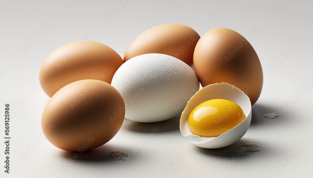 a group of eggs sitting next to each other on a white surface with a yellow egg in the middle of the eggshell and the eggshell. generative ai a group of eggs sitting next to each other on a white surface with a yellow egg in the middle of the eggshell and the eggshell. generative ai