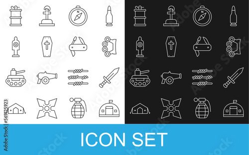 Set line Military barracks, Sword, Brass knuckles, Compass, Coffin with cross, Human target sport for shooting, Hand smoke grenade and Swiss army knife icon. Vector