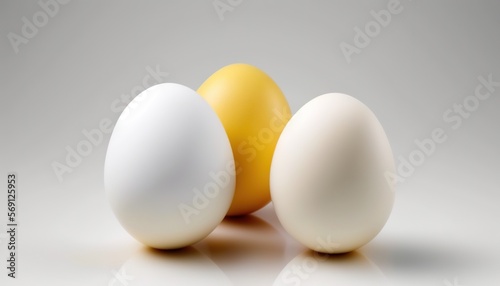  three white eggs and one yellow egg on a white surface with a shadow of the egg in the middle of the image, with a shadow of a yellow egg on the left side of the egg. generative ai