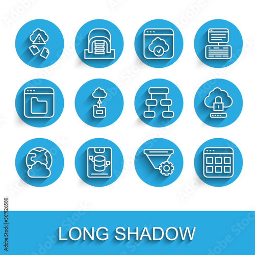 Set line Social network, Server, Data, Web Hosting, Cloud hacking, Filter setting, Browser files, technology data transfer, computing lock and Hierarchy organogram chart icon. Vector