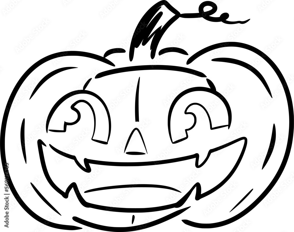 Vector drawing of a Halloween pumpkin with a face. Contour, silhouette, black. In cartoon style, flat, doodle. For Halloween, trick or treat. A holiday. Creepy, funny, silly. On a white background. Vector drawing of a Halloween pumpkin with a face. Contour, silhouette, black. In cartoon style, flat, doodle. For Halloween, trick or treat. A holiday. Creepy, funny, silly. On a white background.