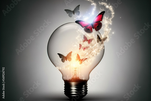 Creative idea , with butterflies emerging from light bulb. Generative AI illustration