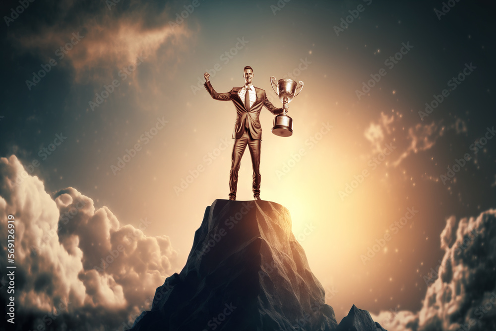 Successful businessman with gold trophy on mountain top. Generative AI illustration