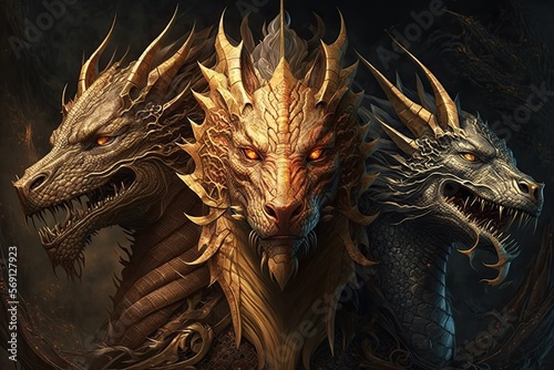A chimera with three heads of dragon  that can breathe fire and roar deafeningly. Digital art painting  Fantasy art  Wallpaper.