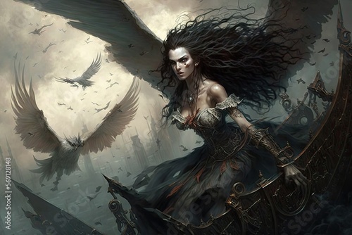 A harpy with sharp talons and a voice like a tempest, who plagues sailors with her songs and steals their treasures. Digital art painting, Fantasy art, Wallpaper photo
