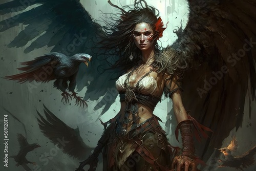 A harpy with sharp talons and a voice like a tempest, who plagues sailors with her songs and steals their treasures. Digital art painting, Fantasy art, Wallpaper