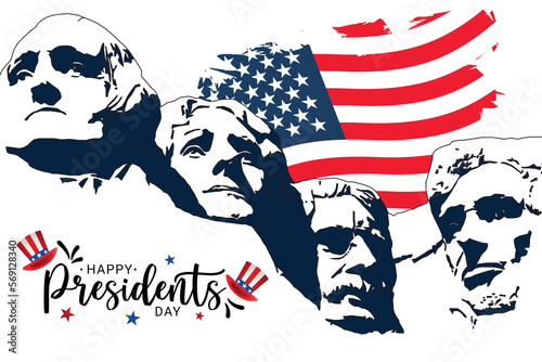 Happy President's day design background with USA Flag and mount rushmore silhouette . Handwritten lettering. photo