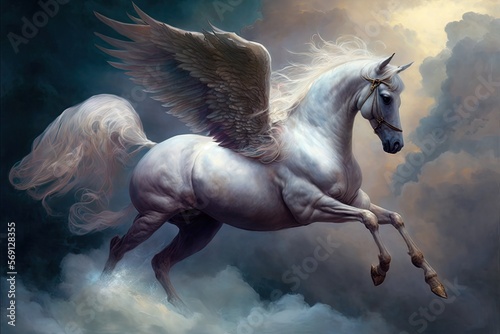 A majestic pegasus soars through the clouds  its wings carrying it to the heights of the sky. Digital art painting  Fantasy art  Wallpaper