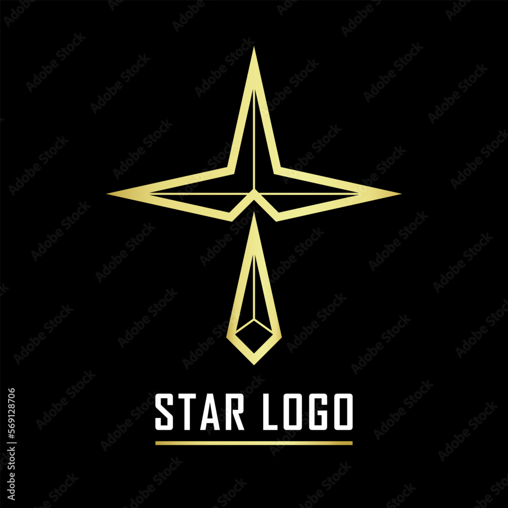 Fototapeta premium Gold Star Logo with Diamond vector in elegant style on black background. Vector Illustration.