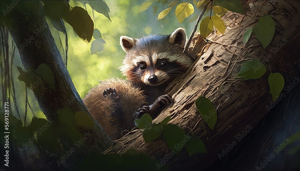 Raccoon In Tree Painting