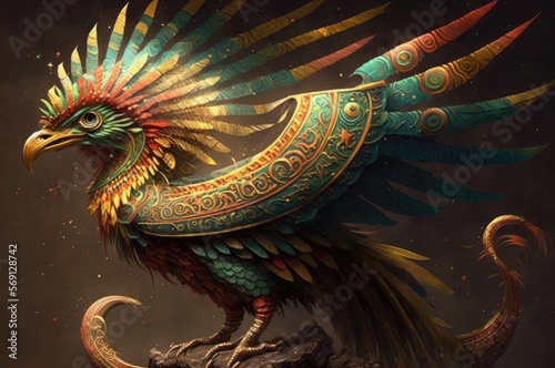 A quetzalcoatl with feathers as bright as the sun and a body as swift as the wind, who commands the elements and brings fertility to the land. Digital art painting, Fantasy art, Wallpaper photo