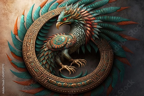 A quetzalcoatl with feathers as bright as the sun and a body as swift as the wind, who commands the elements and brings fertility to the land. Digital art painting, Fantasy art. Generative ai.