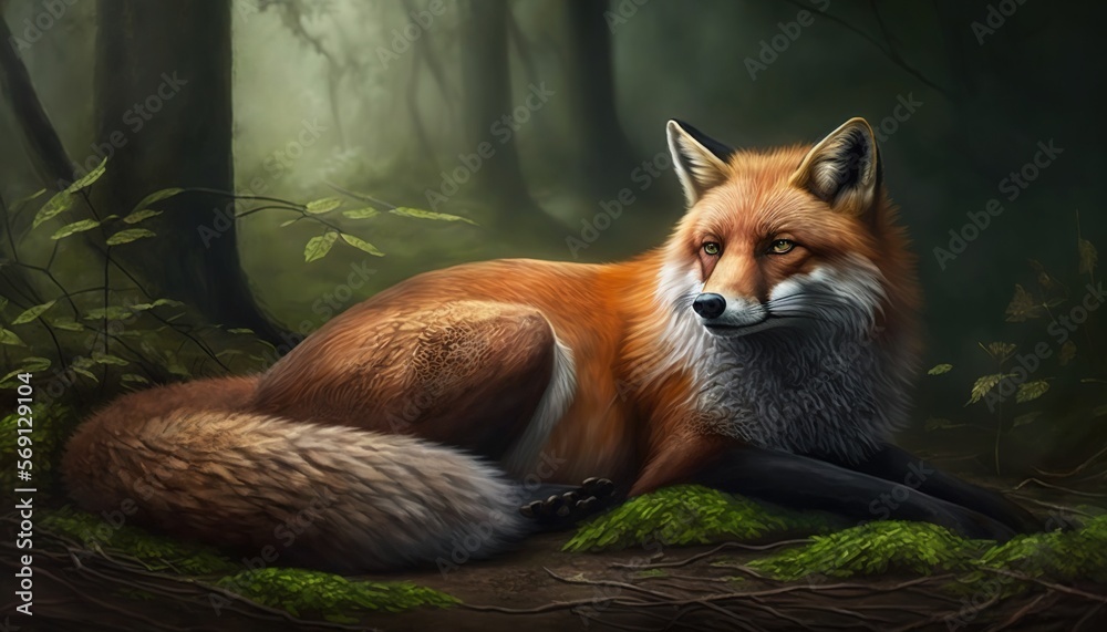 Naklejka premium a red fox sitting in the middle of a forest filled with green grass and trees, with its eyes closed and eyes wide open, staring at the viewer. generative ai