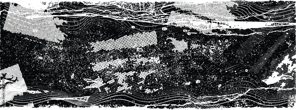 Obraz premium Grunge textured speed lines and halftone dots . Vector Illustration .Grunge textured banner . Design element . Abstract geometric shape . 