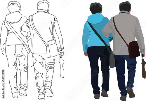 Couple of people from behind walking-