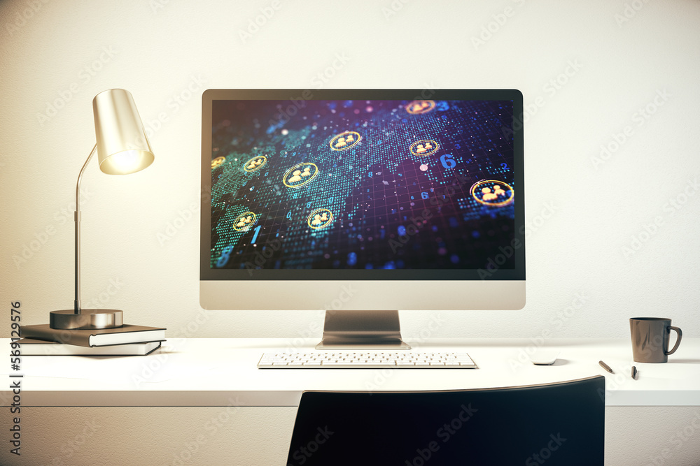 Modern computer screen with social network icons concept and world map. Networking concept. 3D Rendering Modern computer screen with social network icons concept and world map. Networking concept. 3D Rendering