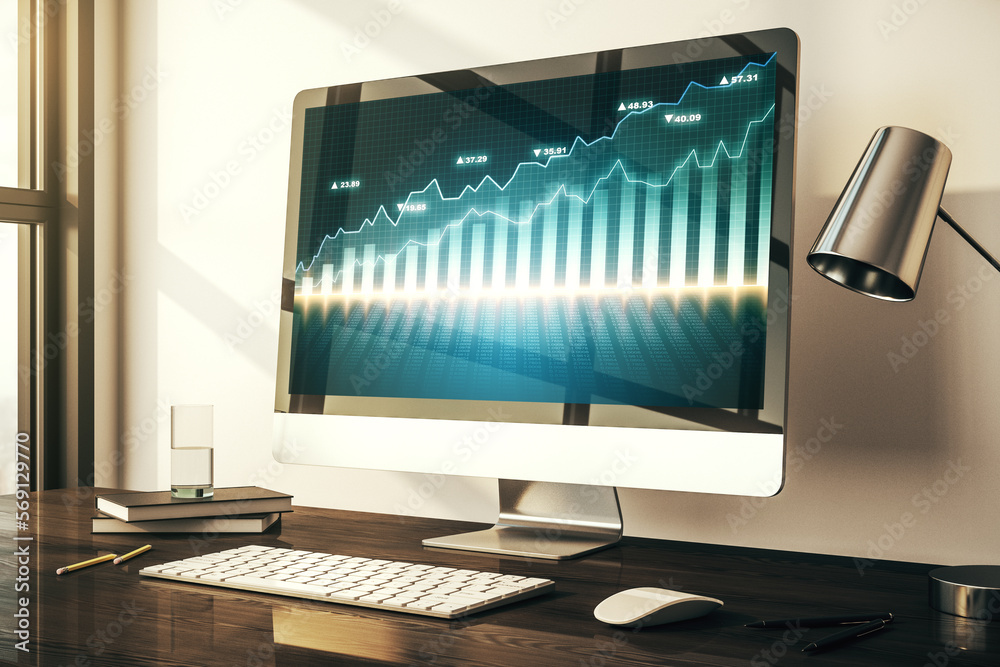 Modern computer screen with abstract creative financial chart, research and analytics concept. 3D Rendering