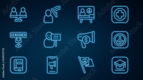 Set line Graduation cap, Peace, Protest, Censored stamp, Gender equality, Megaphone and dollar and Police beat human icon. Vector