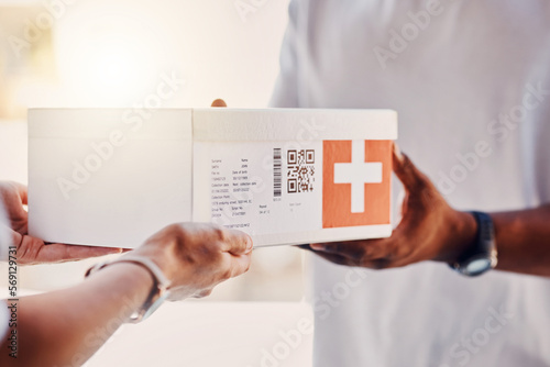 Pharmacy, delivery box and people hands for healthcare, package and ecommerce courier services. Shipping, pharmaceutical industry and telealth supplier giving mail, post or medicine to person at door