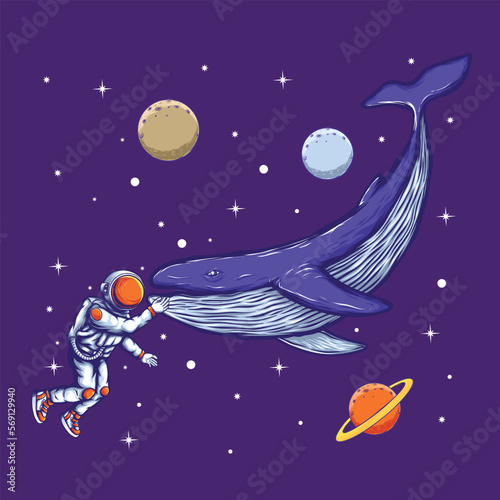 Astronaut with whale flying among stars and planets in outer space. Hand drawn vector illustration