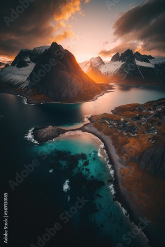 Fjords in sunset made with generated ai