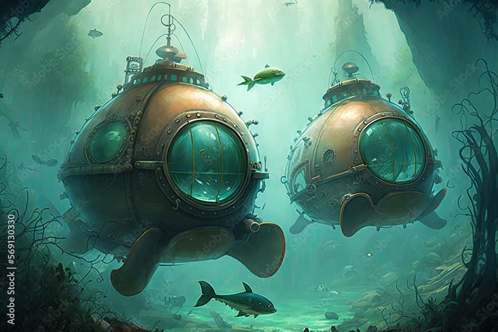 Futuristic submarines navigating underwater cities steampunk style
