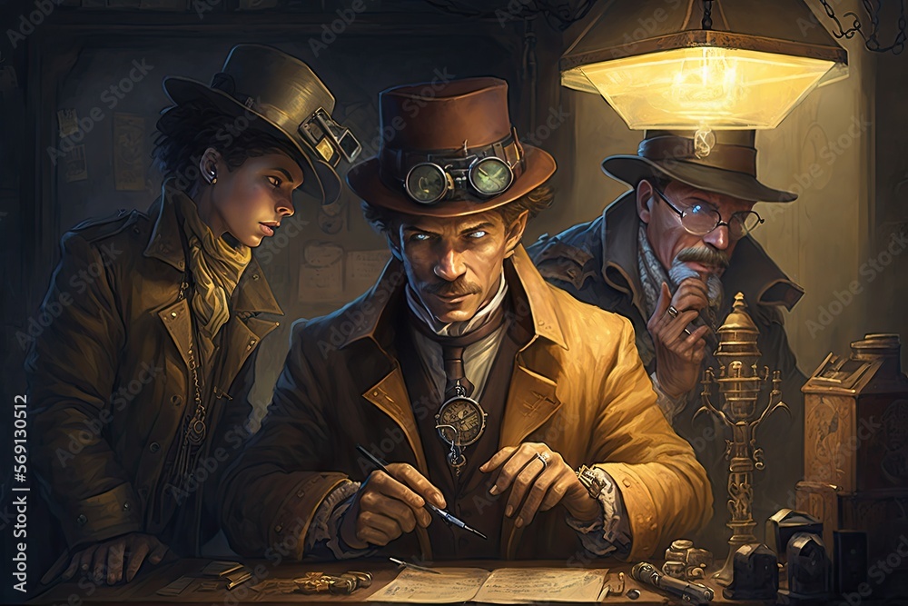 Gadget-wielding detectives solving crimes steampunk style painting. Digital art painting, Fantasy art, Wallpaper - obrazy, fototapety, plakaty 