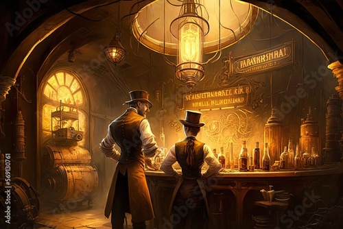 Underground speakeasies serving illegal clockwork technology steampunk style painting. Digital art painting, Fantasy art, Wallpaper. Generative ai.	