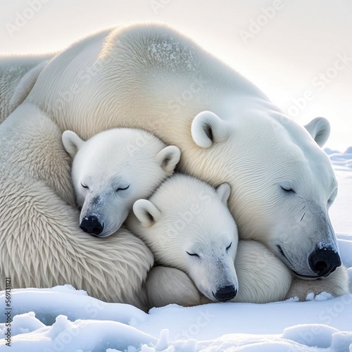A polar bear mother snuggling with her cubs on the icy tundra