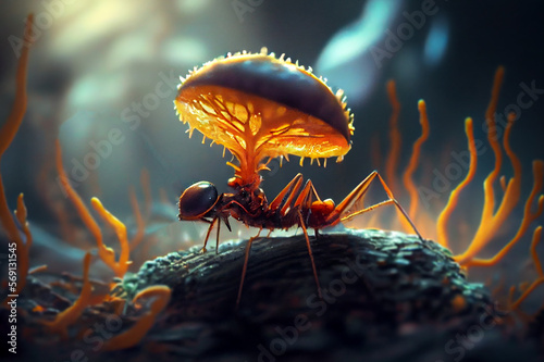 Cordyceps parasitic fungus growing on an ant, 3D illustration photo