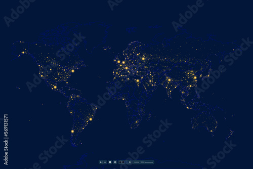 World map night lights. Continent africa, antarctic, asia, europe, america, australia vector detailed illustration