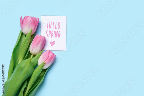 Beautiful tulip flowers and card with text HELLO SPRING on color background