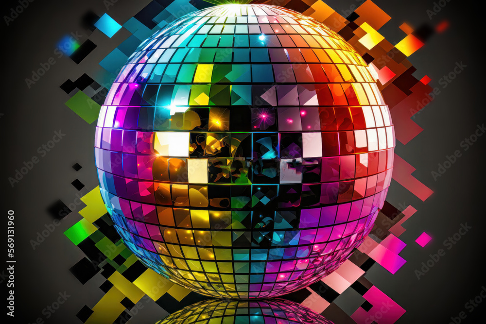 Obraz premium Disco ball with colorful lights on black background. 