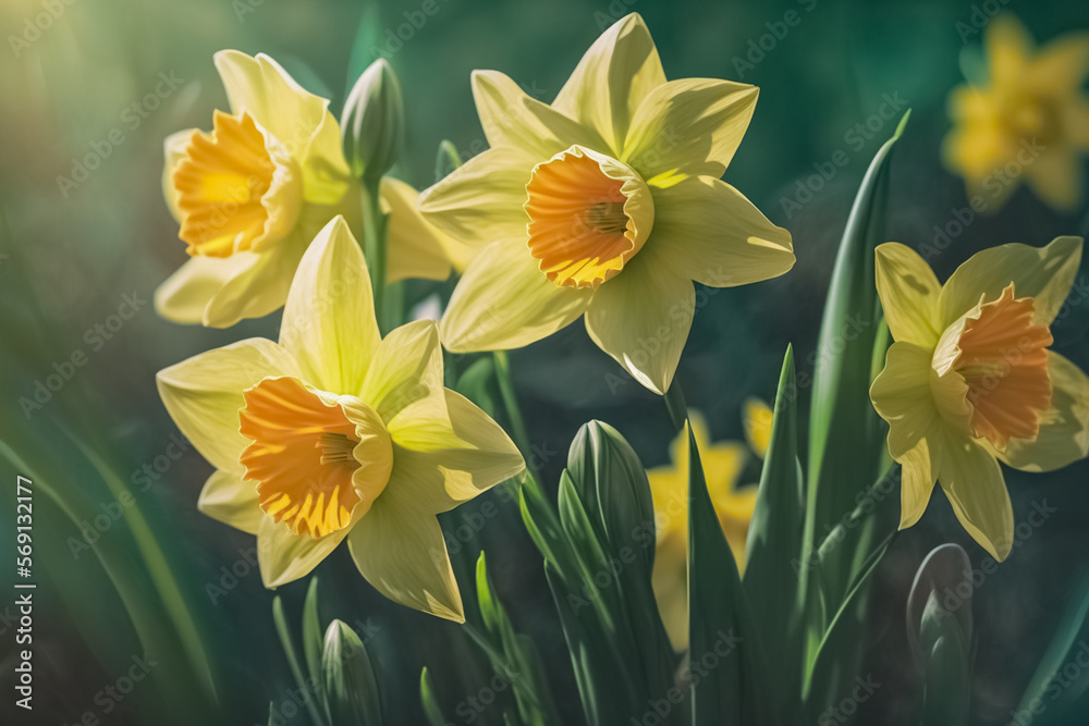 Spring flower background yellow Daffodils against a clear blue sky. Beautiful blurred spring background nature. generative AI
