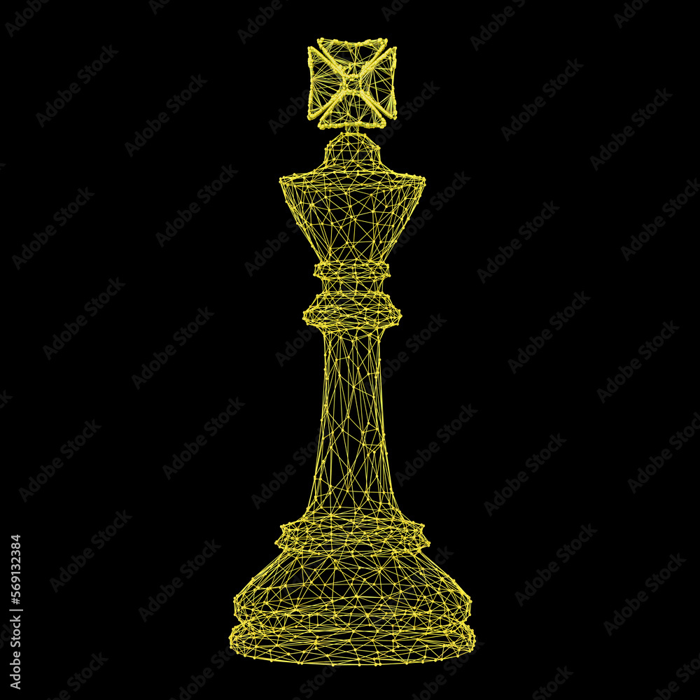 Chess king figure made of lines and spheres, 3D illustration