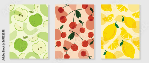 Fresh fruit wall art background vector set. Tropical fruit pattern minimal collection of green apples, cherry and lemon. Spring and summer season design for home decor, interior, wallpaper, fabric.