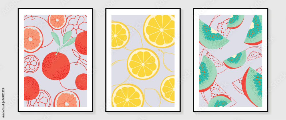 Fresh fruit wall art background vector set. Tropical fruit of orange, lemon and kiwi with watercolor dot and line texture. Spring and summer season design for home decor, interior, wallpaper, fabric.