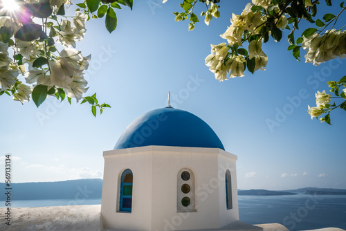 Famous blue dome of an orthodox church in Oia town