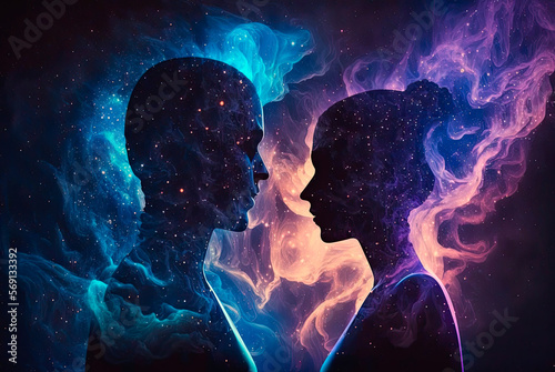 Spiritual representation of the silhouette of a couple of man and woman on a cosmic background.. Generative AI photo