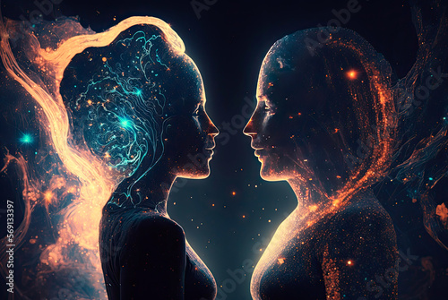 Spiritual representation of the silhouette of a couple of two women on a cosmic background.. Generative AI