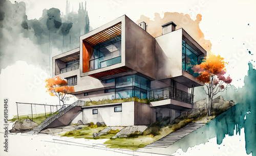 Maison moderne et contemporaine, aquarelle façon croquis d'architecture, fond blanc, peinture, IA générative photo