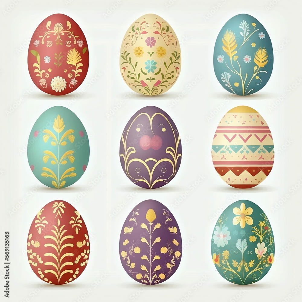 Set of easter eggs with colorful ornaments on white background. Generative AI technology.