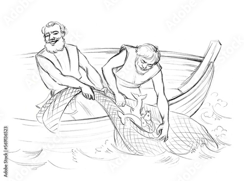 Bilde på lerret The fishermen pull the net into the boat. Pencil drawing