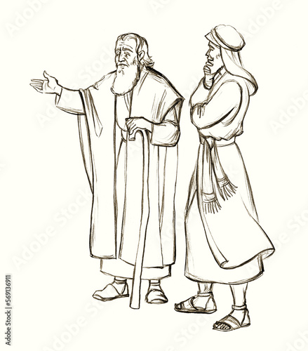 Abraham invites his nephew Lot to choose the land. Pencil drawing