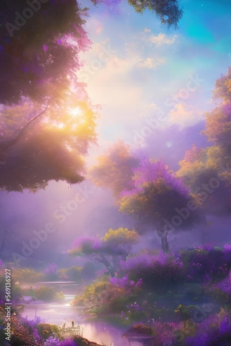 A fabulous forest with a river and purple trees in the sunlight