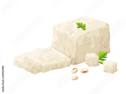 Tofu pieces soy bean. Curd nutrition , healthy food. Vegan organic soy cheese. Vector illustration isolated on white background