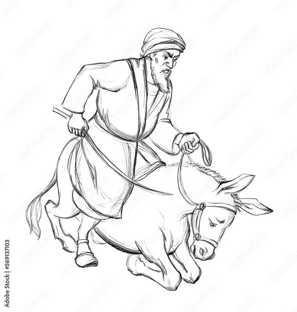 Fototapeta premium Balaam and donkey. Angel with a sword. Pencil drawing